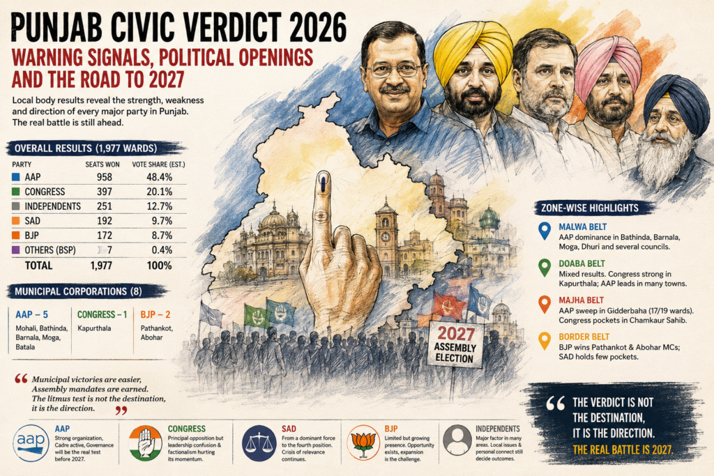 Punjab Local Bodies Election 2026 analysis examining AAP's dominant performance, Congress's internal leadership crisis, Shiromani Akali Dal's continued decline, and BJP's emerging opportunities ahead of the Punjab Assembly Election 2027. The editorial explores municipal election results, regional political trends across Malwa, Majha and Doaba, the impact of Arvind Kejriwal and Manish Sisodia's renewed focus on Punjab after Delhi, and whether the civic verdict serves as a reliable indicator for the upcoming Assembly battle. Written by Sunil Mishra, Political Analyst and Author.