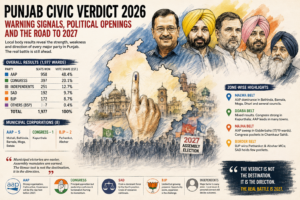 Punjab Local Bodies Election 2026 analysis examining AAP's dominant performance, Congress's internal leadership crisis, Shiromani Akali Dal's continued decline, and BJP's emerging opportunities ahead of the Punjab Assembly Election 2027. The editorial explores municipal election results, regional political trends across Malwa, Majha and Doaba, the impact of Arvind Kejriwal and Manish Sisodia's renewed focus on Punjab after Delhi, and whether the civic verdict serves as a reliable indicator for the upcoming Assembly battle. Written by Sunil Mishra, Political Analyst and Author.